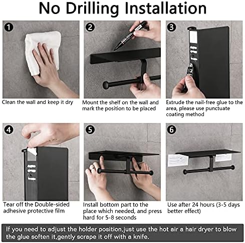 DUFU Toilet Roll Holder Wall Mounted Black Toilet Paper Holder with Shelf Aluminum Double Toilet Tissue Holder Paste No Drilling or Screw Installation for Bathroom
