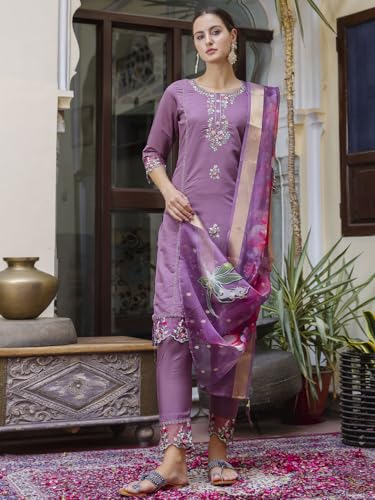 Image of VredeVogel Kurta Set with Dupatta | Viscose Roman Silk Embroidered Kurta Set for Women | Women's Ethnic Casual Kurti Set |Kurta Pant Festive Suit