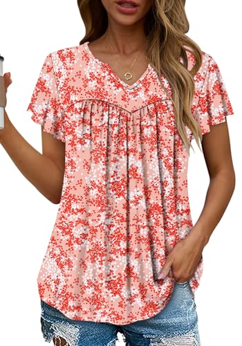 KISSMODA Tops for Womens Summer Cute Short Sleeve Shirts Trendy Notched Neck Blouses Casual Loose Pleated Tunics S-3Xl