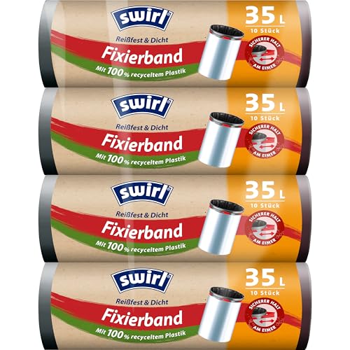 Swirl Reißfest & Dicht Fixierband Müllbeutel 35 l (4 x 10 Beutel), tropfsichere Müllsäcke für den Hausmüll, reißfeste Mülltüt