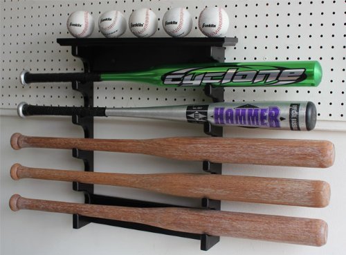 5 Baseball Bat Display Rack Wall Mount Shelf, Solid Wood, Black Finish, B17-BLA