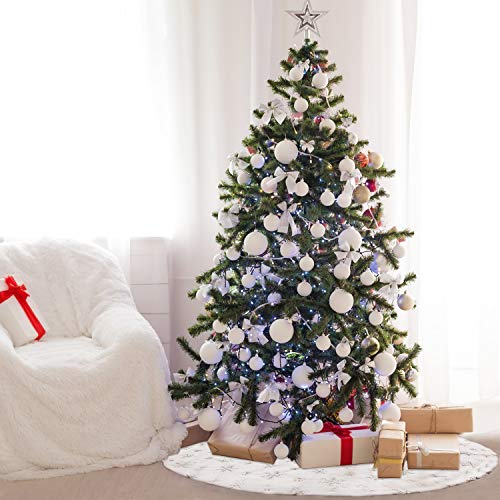 Soqool Christmas Tree Skirt, Sliver Snowflake 48 inches White Faux Fur Mat for Xmas Party Decorations Holiday Festival Supplies - Thumbnail 6