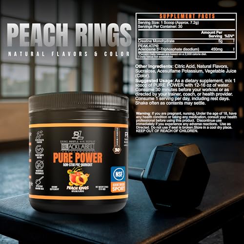 Image of Blacklabel Pure Power Pre Workout Powder, Peach Rings (30 Servings) - NSF Certified for Sport - Caffeine Free Non Stim Pre Workout with Creatine Monohydrate & Peak ATP for Energy & Endurance