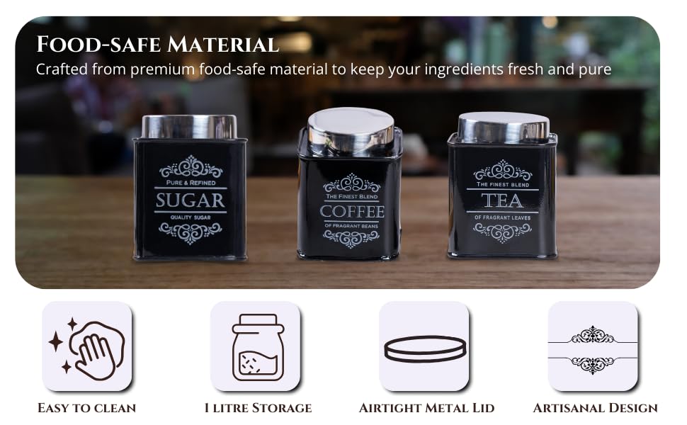 Image of Metallure Home Artisanal Kitchen Storage Jars | Tea, Coffee and Sugar Containers Set of 3 | Airtight Metal Containers for Home | Food Container Set with Secure Lid | Food Safe Kitchen Jar Set (Black)