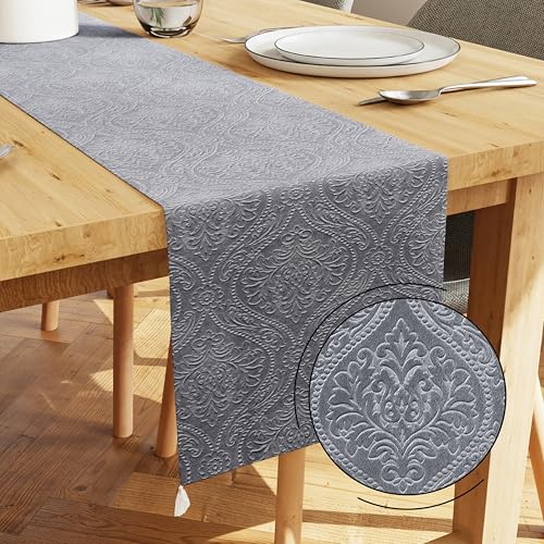 Image of Encasa XO 8 Seater Dining Embossed Velvet Table Runner | Size 32x240 cm | Grey Color with Premium Polyester - Machine Washable