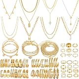 HaHaGirl Gold Plated Jewelry Sets for Women Costume Star Lock Cross Pearl Pendant Chain Necklace Bracelet Earrings and Rings Bulk Jewelry for Women Stocking Stuffers