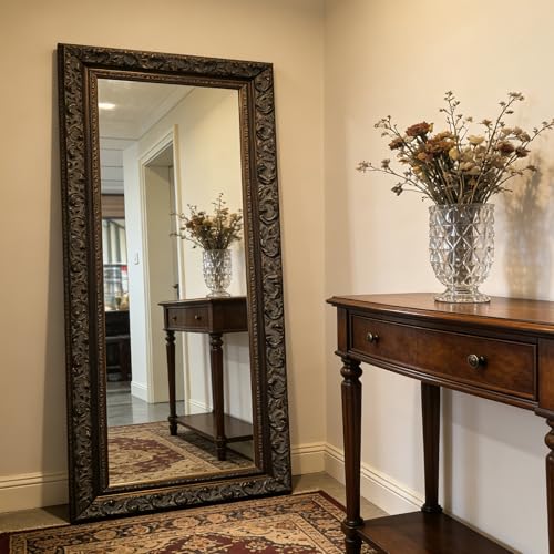 Chende 60" x 31" Rectangular Large Wall Mirror with Exclusive 3D Flower Wood Carved Frame, Long Narrow Bronze Decorative Mirror for Bedroom, Living Room, Bathroom Mirror Above Sink