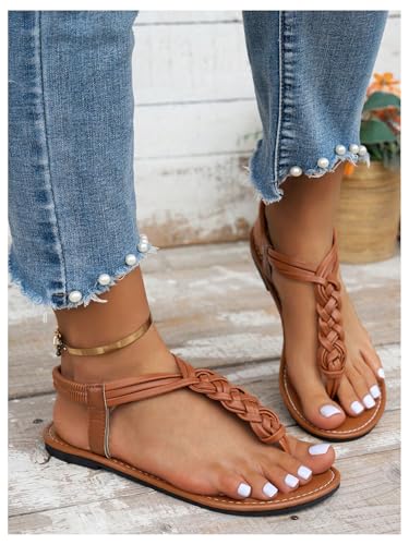 GORGLITTER Women's Braided T Strap Sandals Dressy Summer Ankle Srtap Elastic Beach Thong Sandals3