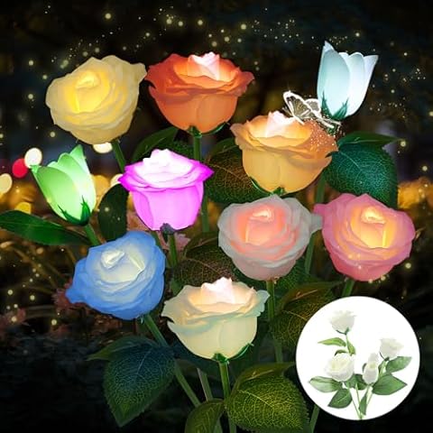 Solar Lights Outdoor 2 Pack-10 Rose Flowers Solar Garden Lights Garden Lights Path Decorative Lights for Patio Yard Pathway Landscape Enlarged Solar Panel Cover