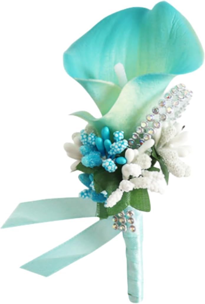 Fouriding Artificial Calla Lily Boutonniere for Men Wedding Groom Best Man Boutonniere for Wedding Party Prom Event Ceremony Anniversary (1, Light Blue)