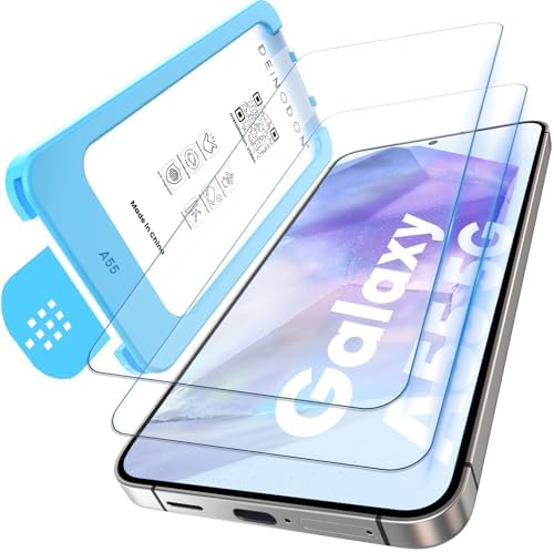 DEINODON für Panzerglas Samsung Galaxy A55 5G Auto-Montage 100% Blasenfrei | Kristallklar Schutzfolie, 9H+ Top Bruchsicherheit, Kratzfest Anti-Fingerabdruck, Fingerprint-ID & Hülle