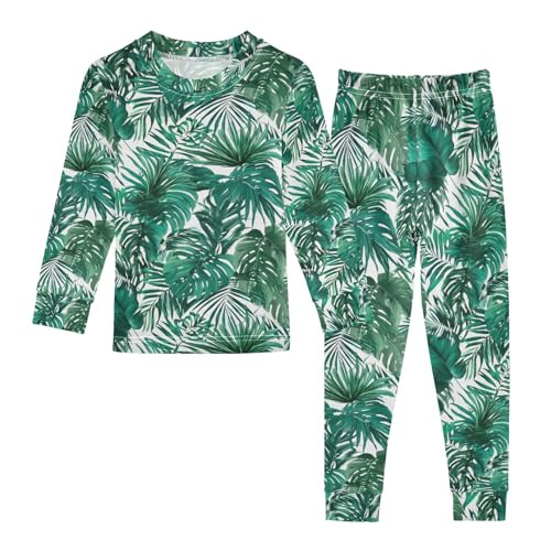 ALAZA Tropical Palm Leaves Watercolor Green Pajamas Long Sleeve Sleepwear 2-Piece Pajama Set
