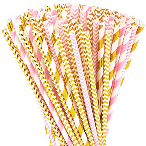 Image of Paper Straws 200 Pack Biodegradable Gold and Pink Striped Design 8.25 inch Straw for Everyday /Birthday Party /Baby Shower /Wedding /Anniversary and Parties, Long Lasting - by DuraHome (200 Pack, Gold & Pink)