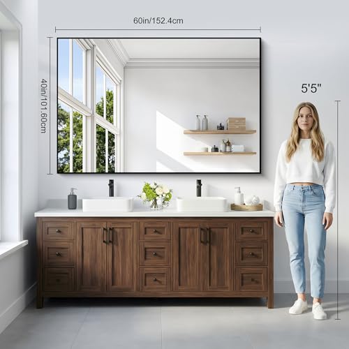 Image of DESBING Black Bathroom Mirror for Wall, 60x40 Inch Rectangle Mirrors with Metal Frame, Modern Vanity Wall Mirror Decor for Entryway Hangs, Bathroom Living Room Horizontal or Vertical