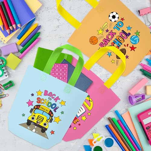 Image of FMuimshouwo Back to School Coloring Goodie Bags for Kids - 24Pcs First Day of School Bulk Color Your Own Gift Bags with Handle Reusable Coloring Bag Non Woven Tote Bag for Classroom Party DIY Crafts