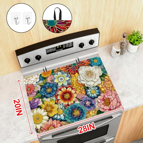 Image of Boho Floral Stove Top Cover for Electric Stove, Bohemia Ethnic Style Range Covers for Electric Stove, Rubber Dish Drying Mat, Glass Cooktop Covers, Flat RV Range top Mats, 28 inchx20 inch