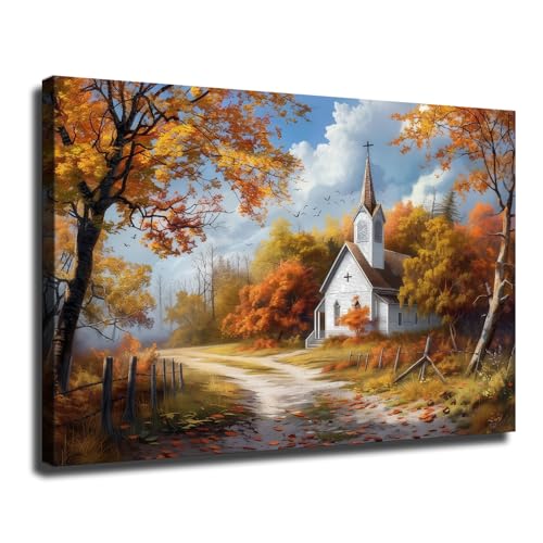 Church Canvas Wall Art, Country Church Art Autumn Landscape Print