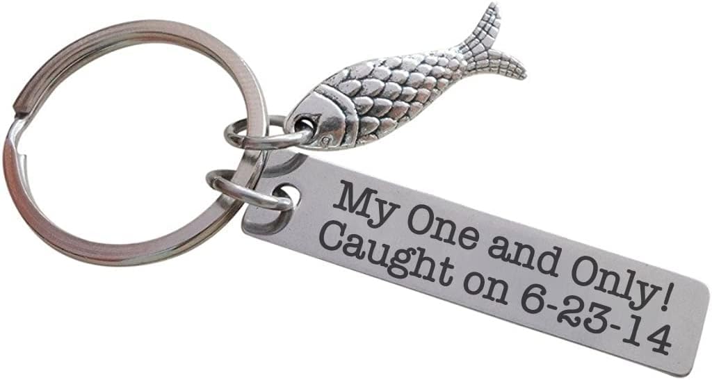 Custom Engraved Stainless Steel Tag Keychain with Fish Charm; Couples Anniversary Gift, or For Father's Day