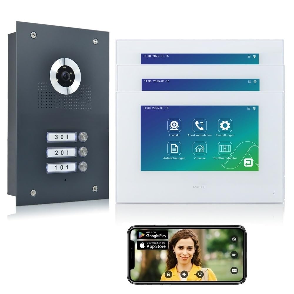 MATHFEL Video-Türsprechanlage 2-Draht Bus IP | 3-Familienhaus Klingelanlage | 3× 7 Zoll WLAN-Monitor weiß | Edelstahl Unterputz-Außenstation | Video Gegensprechanlage mit App
