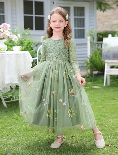 EULIMENE Baby Girl Flower Tulle Dress Floral Lace 3/4 Sleeve Toddler Princess Party Dress Formal Birthday Wedding Bridesmaid Dresses for Girls Green — view 4