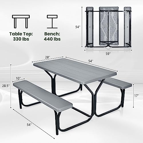 Moccha Picnic Table Bench Set - Portable Plastic Picnic Table w/Steel Frame & Wood-Like Texture, All Weather Heavy Duty Picnic Table Kit, Picnic Tables for Outdoors Garden Patio Party Dining (Grey)