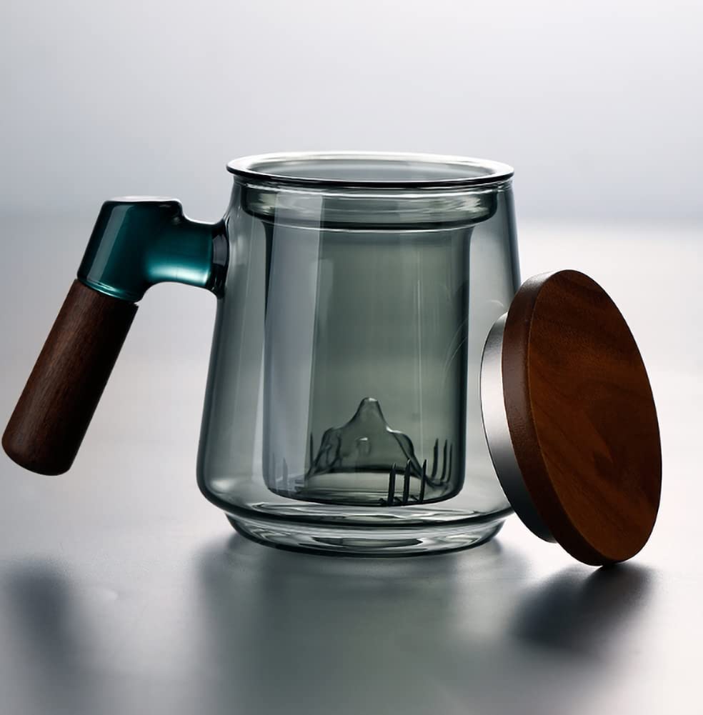 ELABORATE CHOICE Japanese Mug Teacup with Infuser and Wooden Handle,Filtered Tea Separation Cup, Infusion Mugs with Inner Filter for Home and Office A12