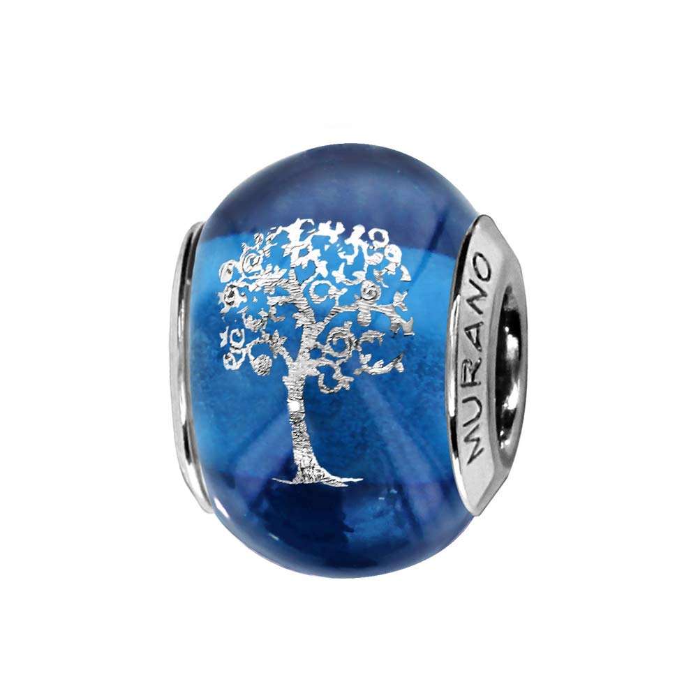Charm Coulissant Argent 925 Rhodié - Symbole Arbre De Vie Bleu Murano - Avec Suédine Et Certificat