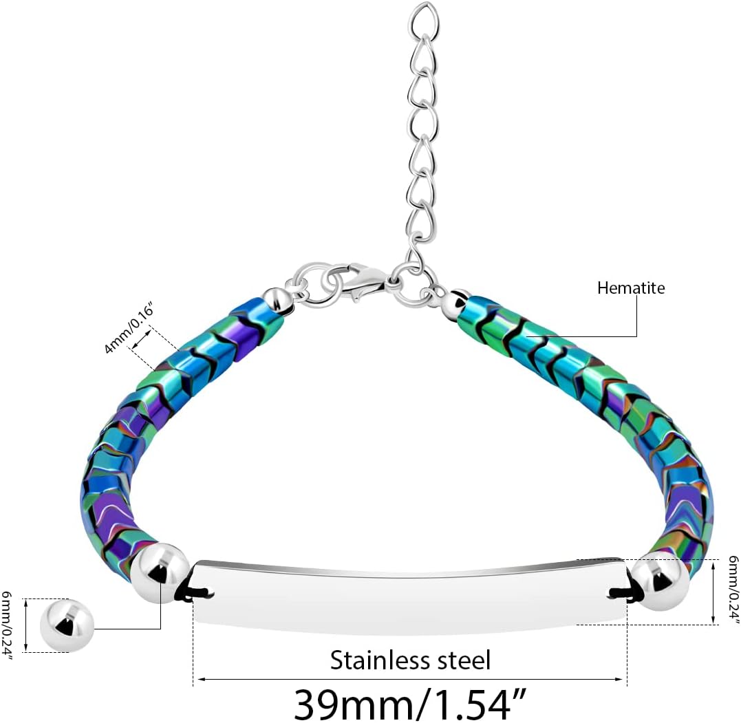 Customize Engraved Name Bracelet for Men Women - Rainbow Hematite Stone Beads Metal Chain Bracelet - Personalized Name ID Stainless Steel Chain Bracelet Y1904