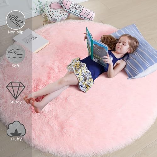 Image of Shaggy Round Area Rug - Soft Plush Circle Solid Color Carpet for Living Room, Bedroom, Kids Room - Fluffy Fuzzy Floor Mat for Home Decor (Pink, 5x5 feet, Round)