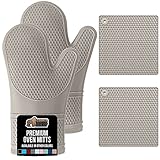 Gorilla Grip Heat Resistant Waterproof Silicone Oven Mitt and Pot Holder 4 Piece Set, Includes 2 Soft and Flexible Cooking Mitts and Trivet Mats, Gloves and Potholders for Use on Hot Surfaces, Almond