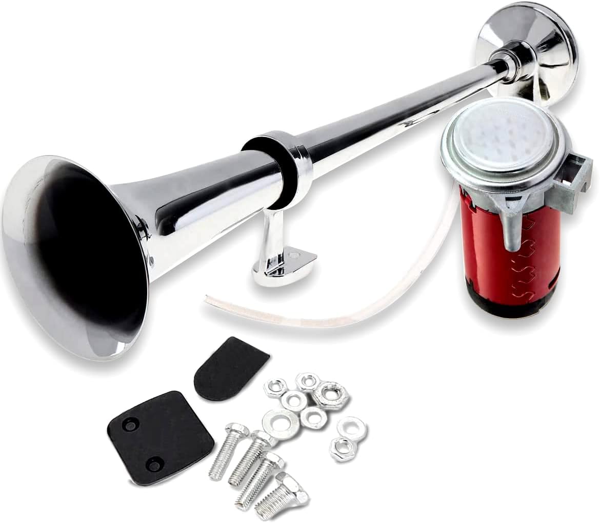 VaygWay 12V Loud Single Trumpet Air Horn – Super Loud 150DB Single Trumpet Air Train Horn Compressor Kit- Single Trumpet Car Air Horn Relay Included -for Car Truck Vehicle Train SUV