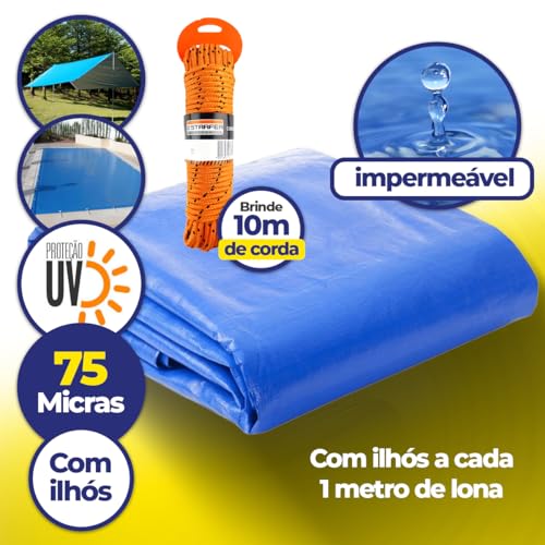 Lona Azul Carreteiro Camping Piscina Toldos Caminhão Impermeável 75G 10x8 Metros + Corda 10 Metros