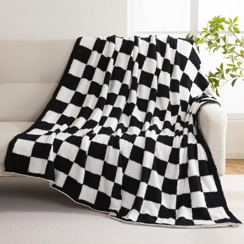 Image of YIRUIO Checkered Knit Throw Blanket, Black 50x60 | Ultra Soft Microfiber, Reversible, Fluffy Fuzzy Cozy, For Bed Sofa Couch