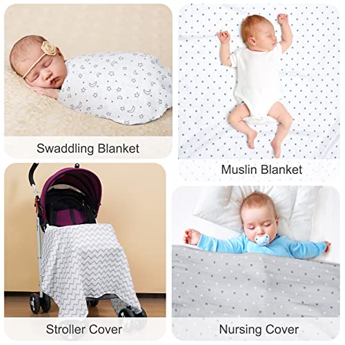Phf 100% Cotton Muslin Baby Swaddle Blanket, 4 Pack Ultra Soft Baby Muslin Blanket For Baby Girls And Boys, Unisex Receiving Blankets Swaddle Wrap For Newborns, Large 47X47 Inches, White Grey Star #TOP5