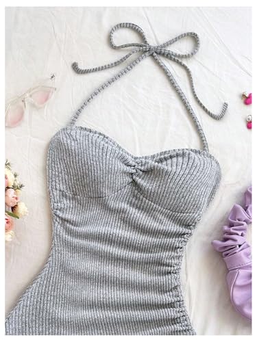 Women's Ribbed Knit Going Out Halter Dresses Drawstring Asymmetrical Hem Bodycon Dress4