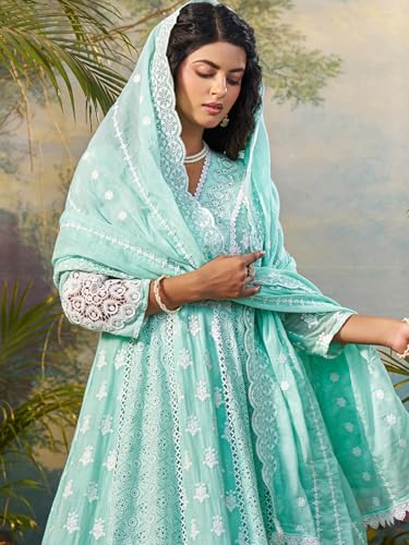 Image of INDO ERA Women's Anarkali Pure Cotton Ethnic Motifs Embroidered Kurta & Pant with Dupatta Set (IEOUT10183)
