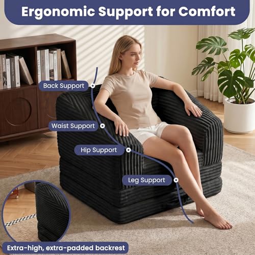 Image of JUIKURY Convertible Sofa Bed, 3-in-1 Foldable Loveseat Couch with Armrest, Corduroy Floor Sofa & Sleeper Bed, No Assembly High-Density Foam Futon Mattress for Living Room, Small Apartment, Dorm