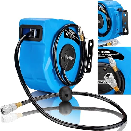 DEUBA® Dévidoir enrouleur tuyau à air comprimé automatique 10m+1m raccord 3/8' 12 bar Ø12mm enroulement tuyau pneumatique support mural