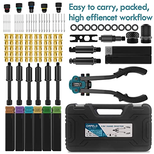 Orfeld Rivet Nut Tool,13" Rivet Gun, 3 In 1 Hand Rivet Kit ，Professional Rivets Setter Kit With 60Pcs Rivet Nuts & 50Pcs Rivets With Sturdy Carry Case For Plastic,Leather Metal，Automotive #TOP6