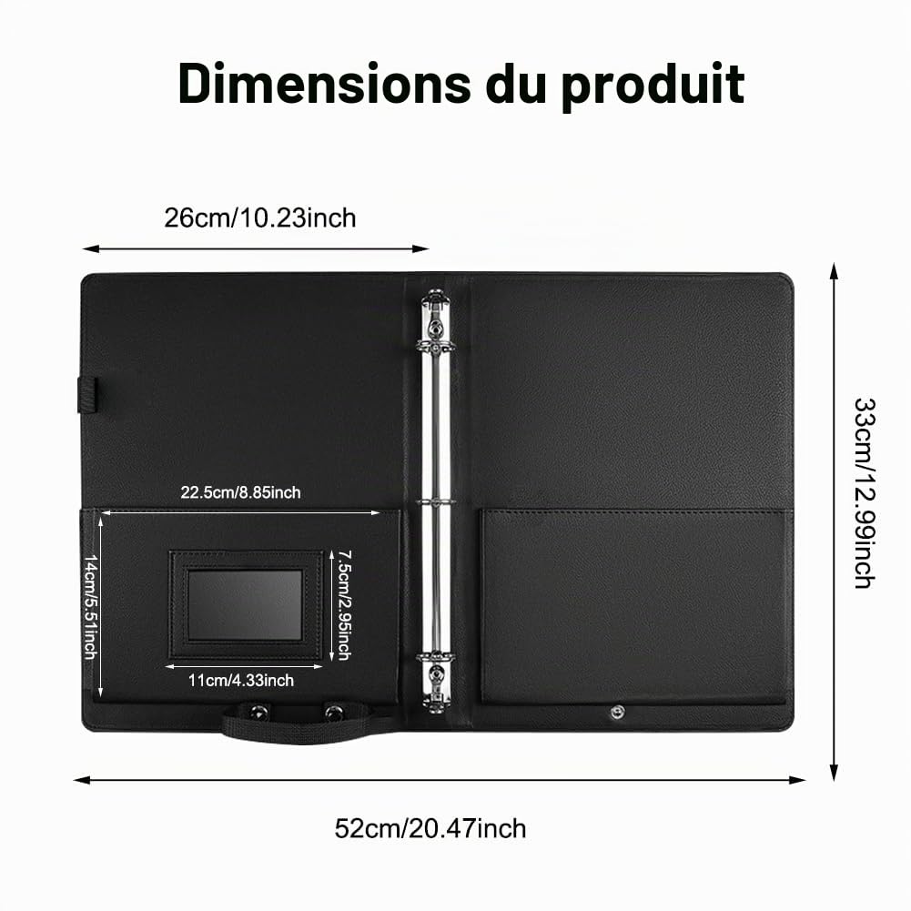 Porte-Partitions A4, Porte Partition Chorale Grand, Portes-Partition pour Feuilles avec Poche Intérieure et Dragonne, Classeur à Partition en Cuir PU avec 3 Anneaux pour Piano Guitare Violon, Noir