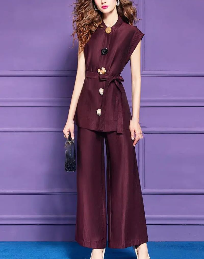 Womens Two Piece Blouse and Pant Suit Summer Loose Style Shirt Wide Leg Trousers Matching Set for Office Workwear