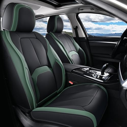 Image of Coverado Automotive Seat Covers Front Seats, Leather Seat Covers 2 Pack, Black Green Car Seat Cover, Waterproof Car Seat Protector with Lumbar Support, Front Seat Covers Universal Fit for Most Cars