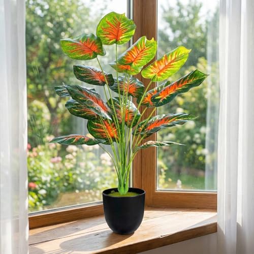 Image of Dekorly Artificial Palm Tree - Large Fake Tropical Floor Plant, Realistic Plastic Greenery for Indoor Home, Office, Living Room & Corner Decor (Green-RedLeaf)
