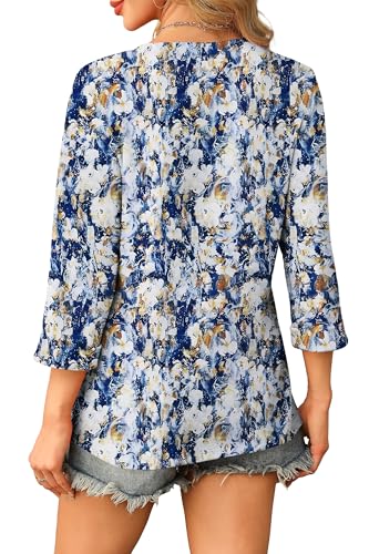 WIHOLL Tops for Women 3/4 Length Sleeve V Neck Casual Tunic Ladies Tops Basic Shirts Loose Fit Blouse Floral Blue Beige Size 14-16 - Image 4