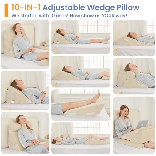 Image of Sasttie Wedge Pillow Set for After Surgery, 3PCS Adjustable Bed Wedge Pillow Headboard with Memory Foam Neck Cushion - for Acid Reflux, Sleeping, Neck & Back Support, Beige