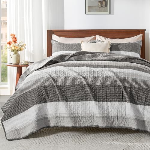 Image of Andency Queen Quilt Bedding Set Dark Grey, 3 Pieces Patchwork Summer Striped Ultra Soft Lightweight Bedspreads, Coverlets Set with 2 Pillow Shams for All Seasons (90 inchx96 inch)