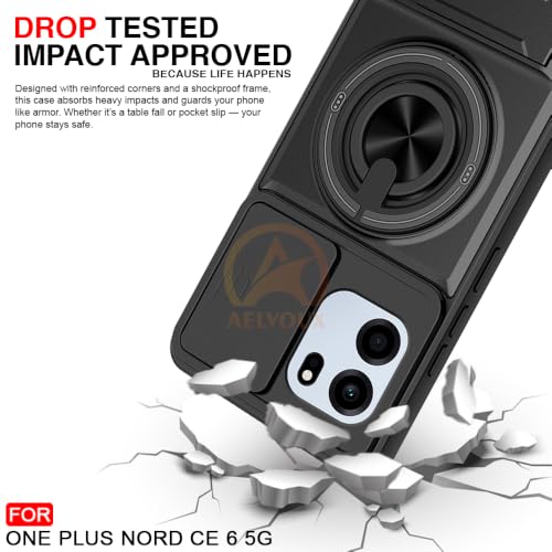 Image of OnePlus Nord CE 6 5G Back Cover | Armor Camera Slider 360 Degree Rotating Finger Ring Holder Case with Bracket Stand Back Case Cover (Compatible with MagSafe Accessories) (Black)