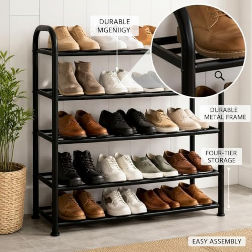Image of 5-Tier Metal Shoe Rack for Home, Heavy Duty Shoe Stand Organizer, Space Saving Multi-Layer Footwear Storage Shelf for Entryway, Bedroom, Closet & Living Room, Black