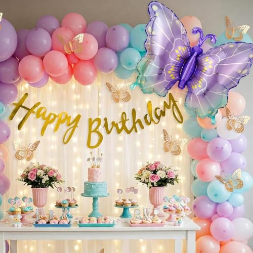 Image of Special You Butterfly Theme Birthday Party Decorations with Pastel Balloons for Decoration, Foil Balloons for Decor, Butterfly Stickers for Wall Decoration, Birthday Decorations Kit for Girls