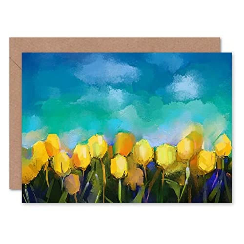 Wee Blue Coo Flower Yellow Tulips Painting Greeting Card With Envelope Inside Premium Quality